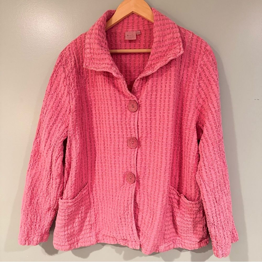 Vintage Focus Pink Jacket Lagenlook Textured Pockets Women L Buttons Boho Fairy